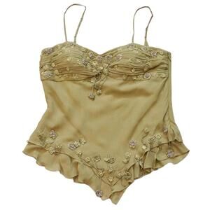 Cartise Vintage Silk Beaded Camisole Top 14 Green Embellished Ruffle Y2K